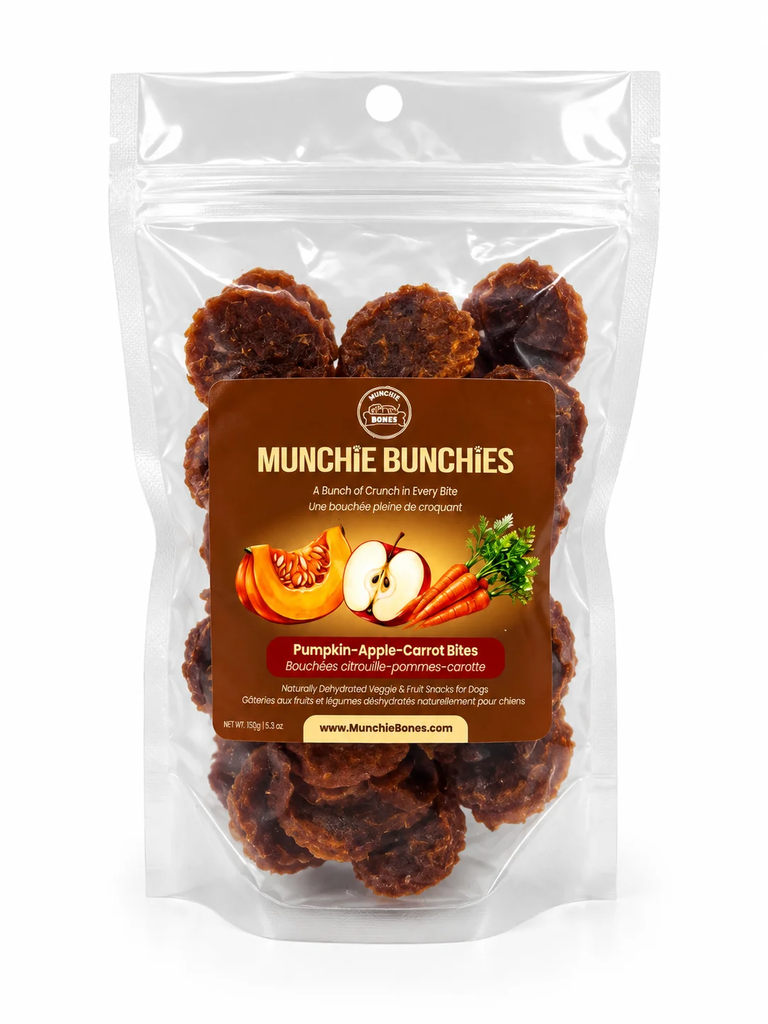 Bouchées de médaillons de citrouille, pomme et carotte 150g pour chien - Munchie Bones
